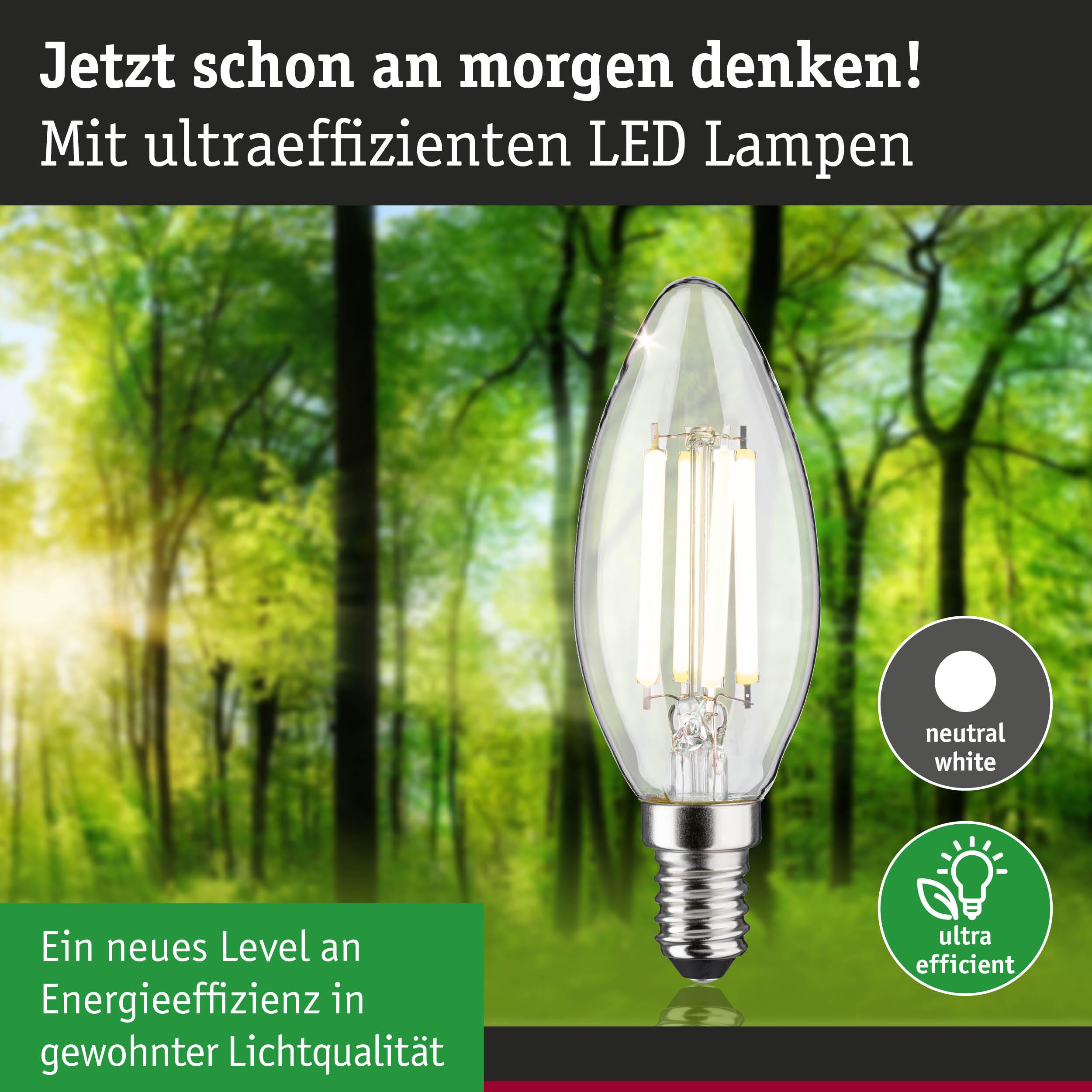 Klarer LED-Leuchtmittel in Kerzenform mit neutralweißem Licht und hoher Energieeffizienz