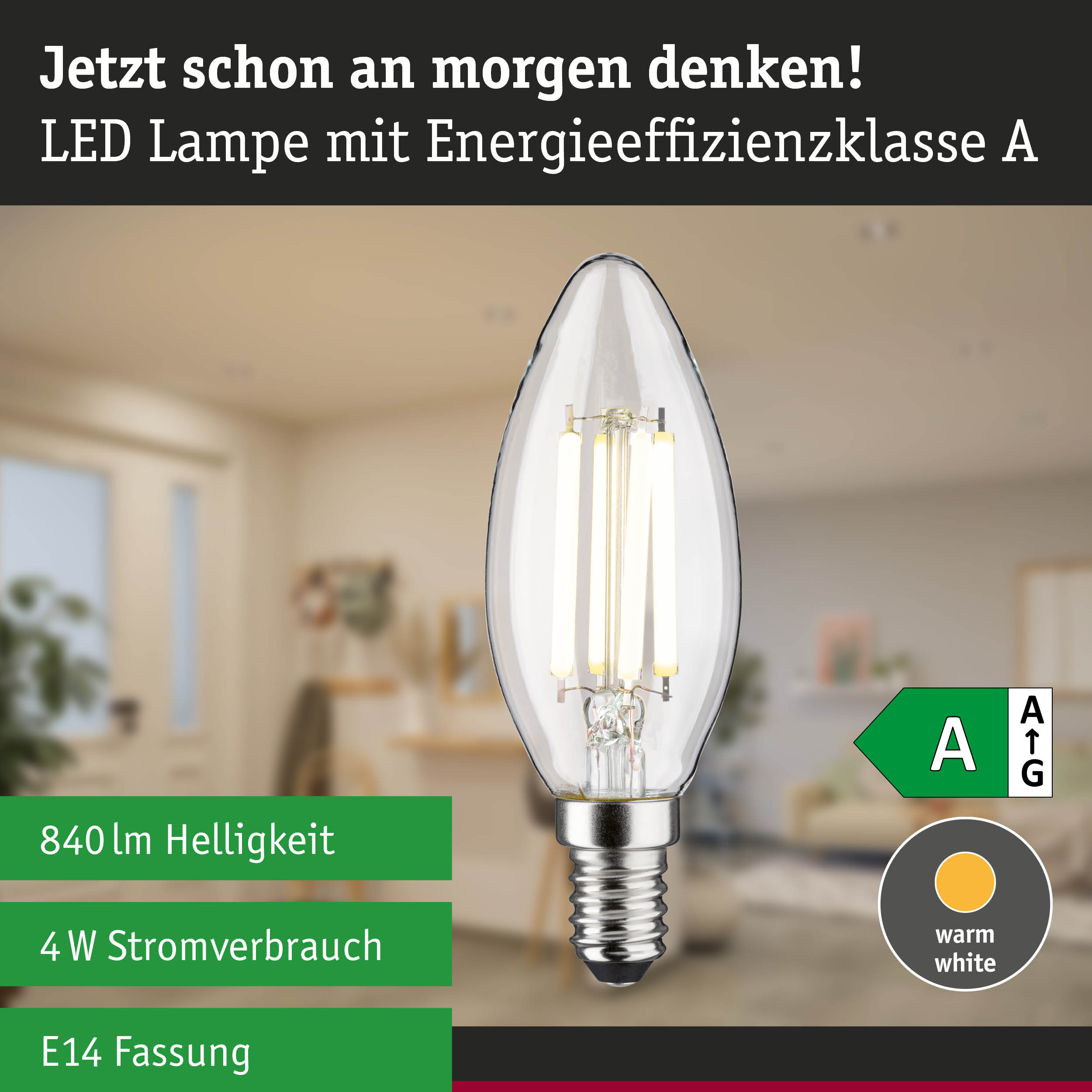 Klarer LED-Leuchtmittel in Kerzenform mit neutralweißem Licht und hoher Energieeffizienz