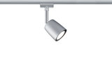 Moderne zilverkleurige metalen LED-spot op railsysteem voor flexibele verlichting