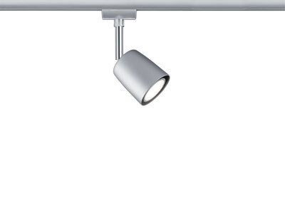 Moderne zilverkleurige metalen LED-spot op railsysteem voor flexibele verlichting