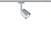 Moderner silberner LED-Strahler aus Metall an Schienensystem für flexible Beleuchtung