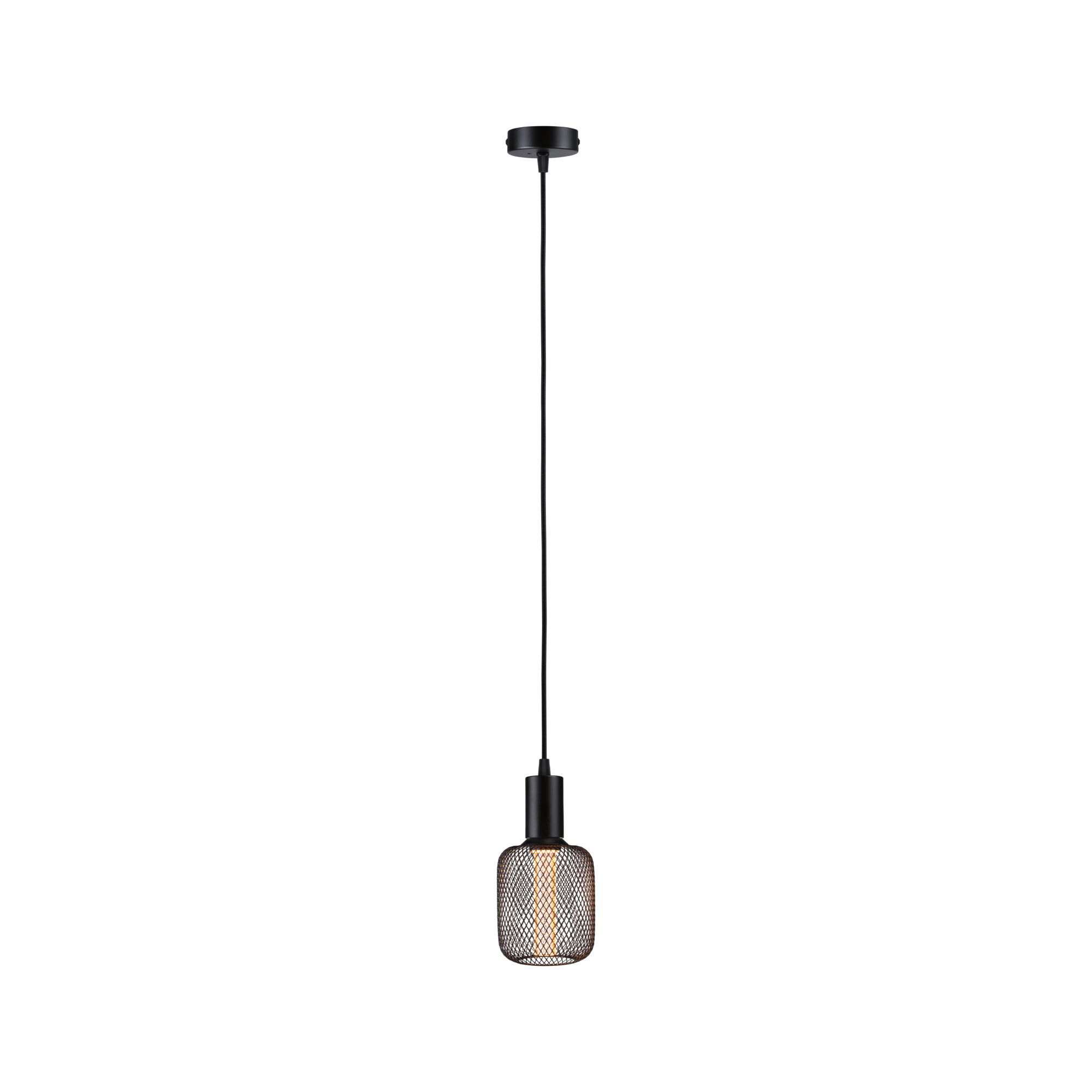 Suspension noire avec grille métallique et ampoule LED blanc chaud pour éclairage intérieur moderne