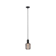 Black pendant light with metal mesh and warm white LED bulb for modern interior lighting