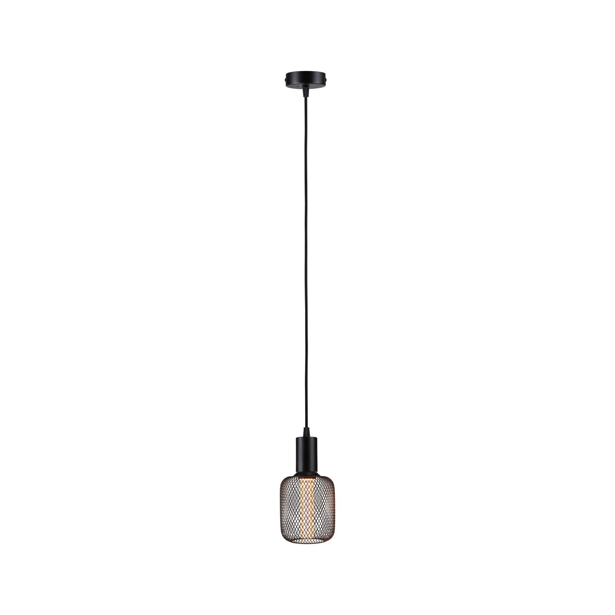 Black pendant light with metal mesh and warm white LED bulb for modern interior lighting