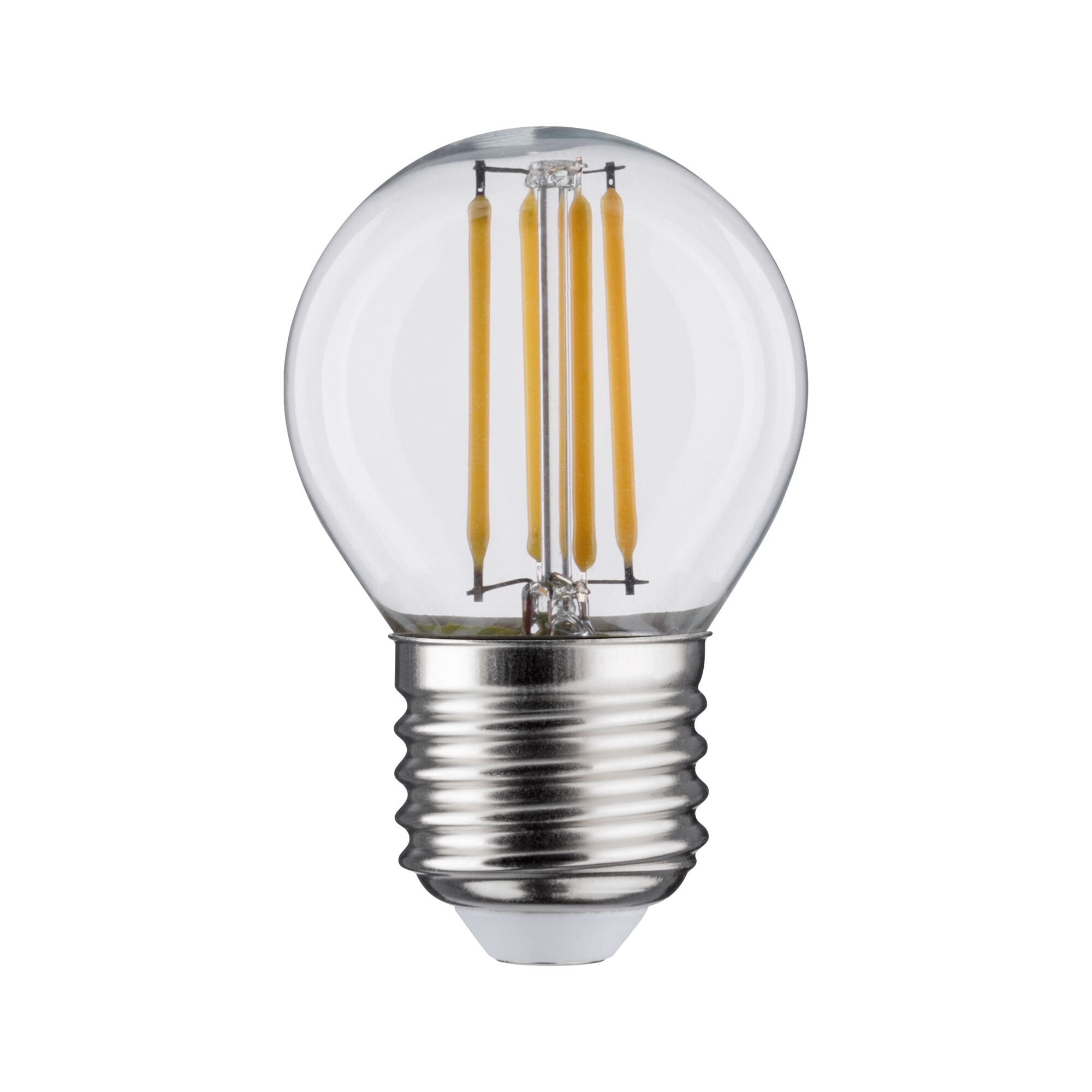 Kleine LED-Glühbirne mit transparentem Glas und silbernem Schraubsockel für energiesparende Beleuchtung