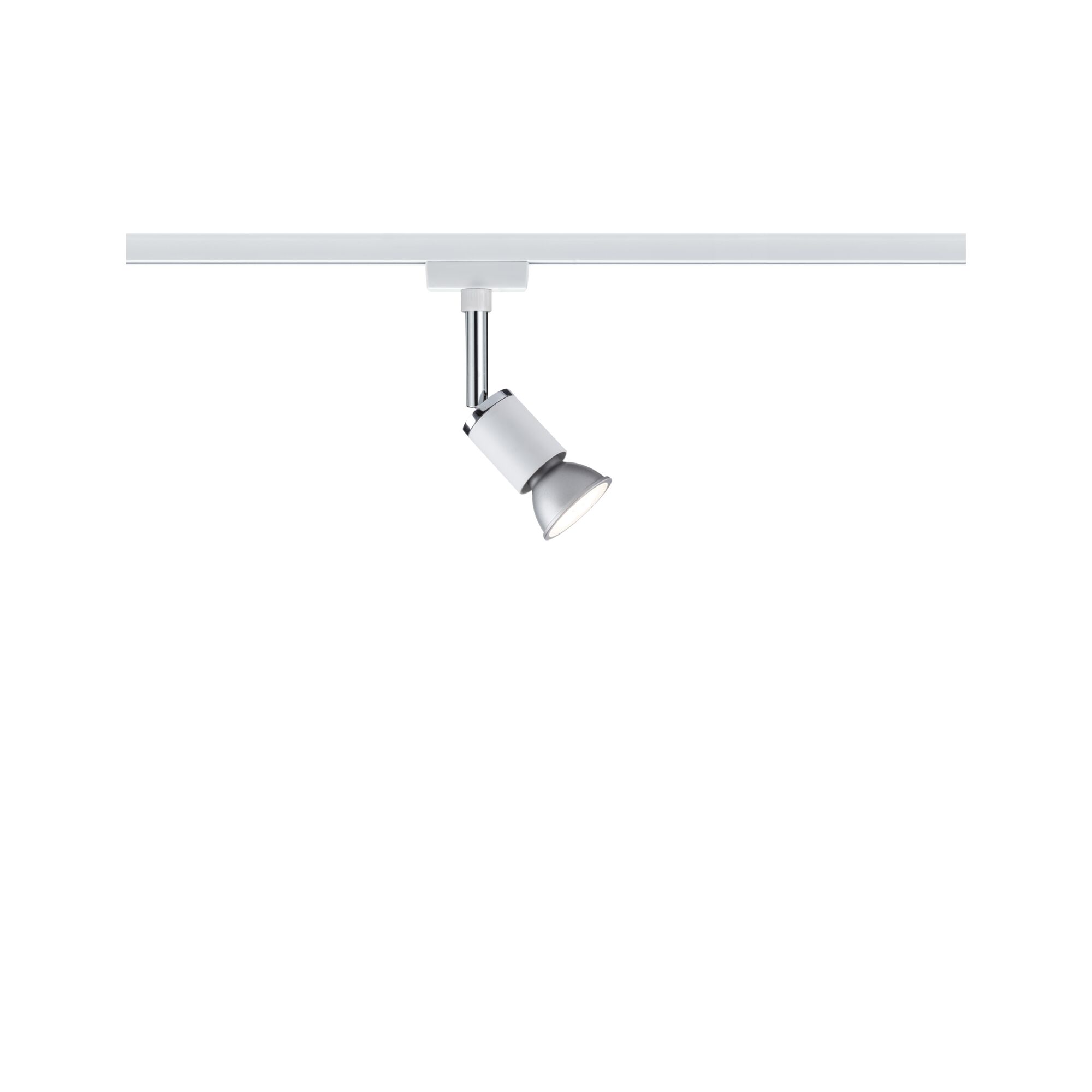 Moderner weißer LED-Strahler aus Metall an Schienensystem für flexible Raumbeleuchtung