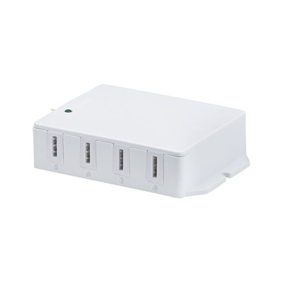 Witte kunststof verdeeldoos met vier genummerde aansluitingen voor elektrische verbindingen