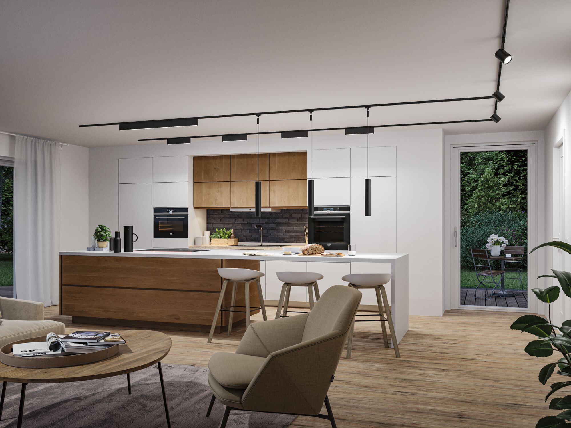 Modern kitchen with black track lighting and pendant lamps, wooden cabinets and white countertop