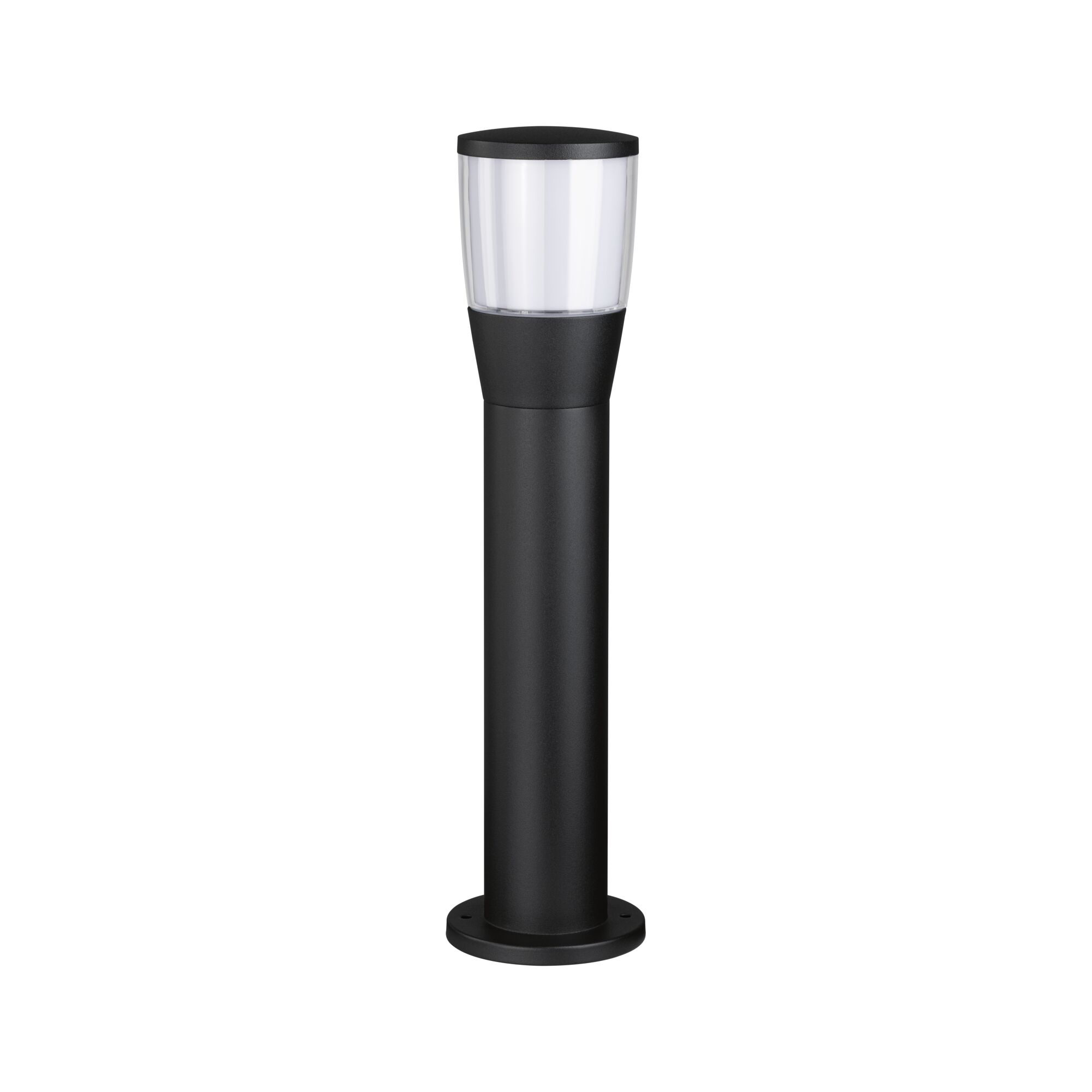 Black metal outdoor light with white diffuser, modern LED garden path lighting for outdoor use