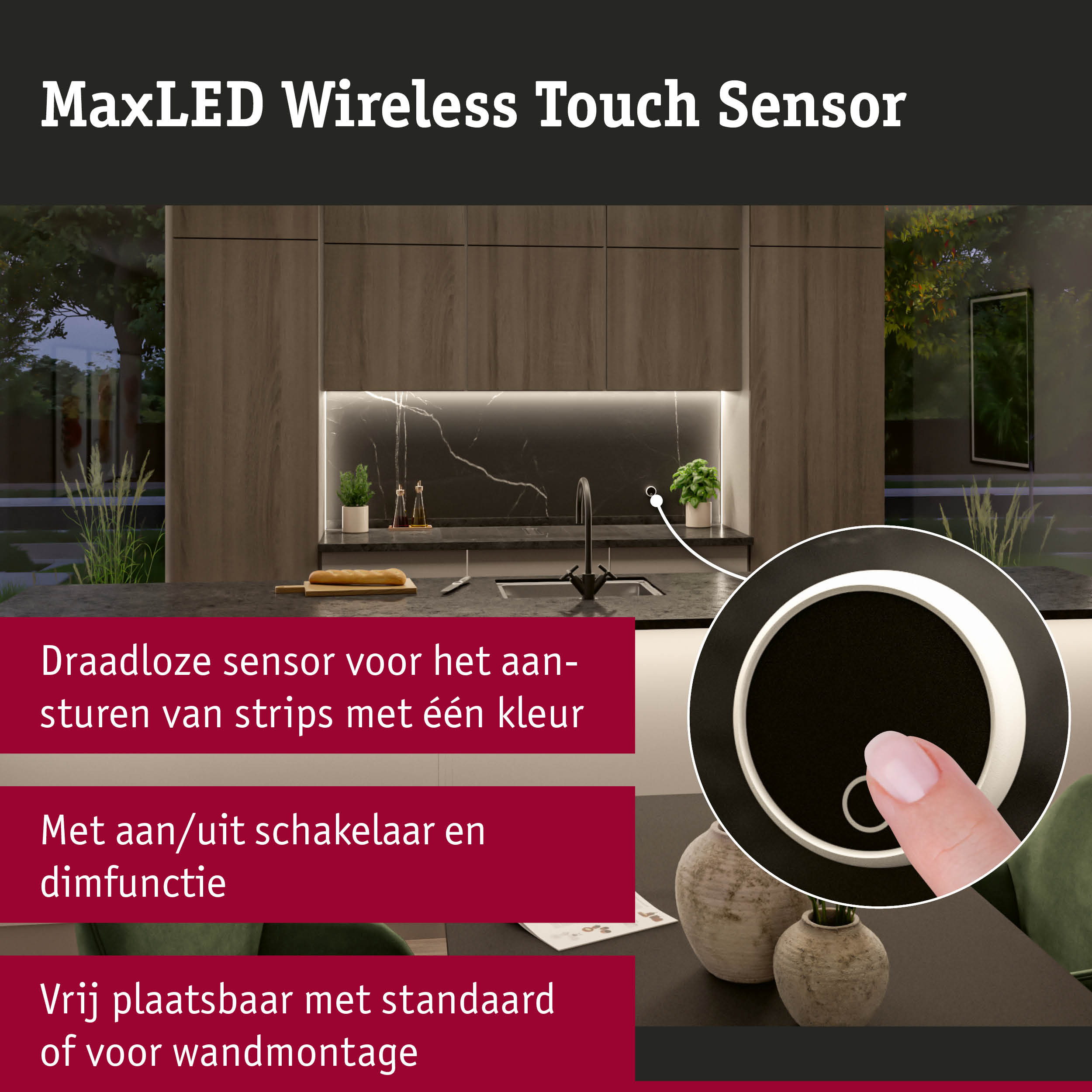 MaxLED draadloze zwarte touch sensor met witte ring voor aansturing van LED-strips met dimfunctie