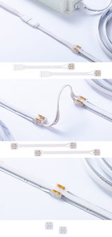 White LED connector cables with transparent plugs for flexible indoor LED strip lighting installation