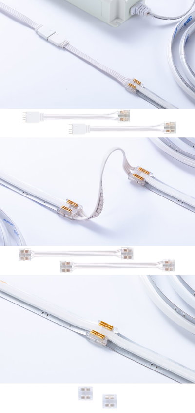 White LED connector cables with transparent plugs for flexible indoor LED strip lighting installation