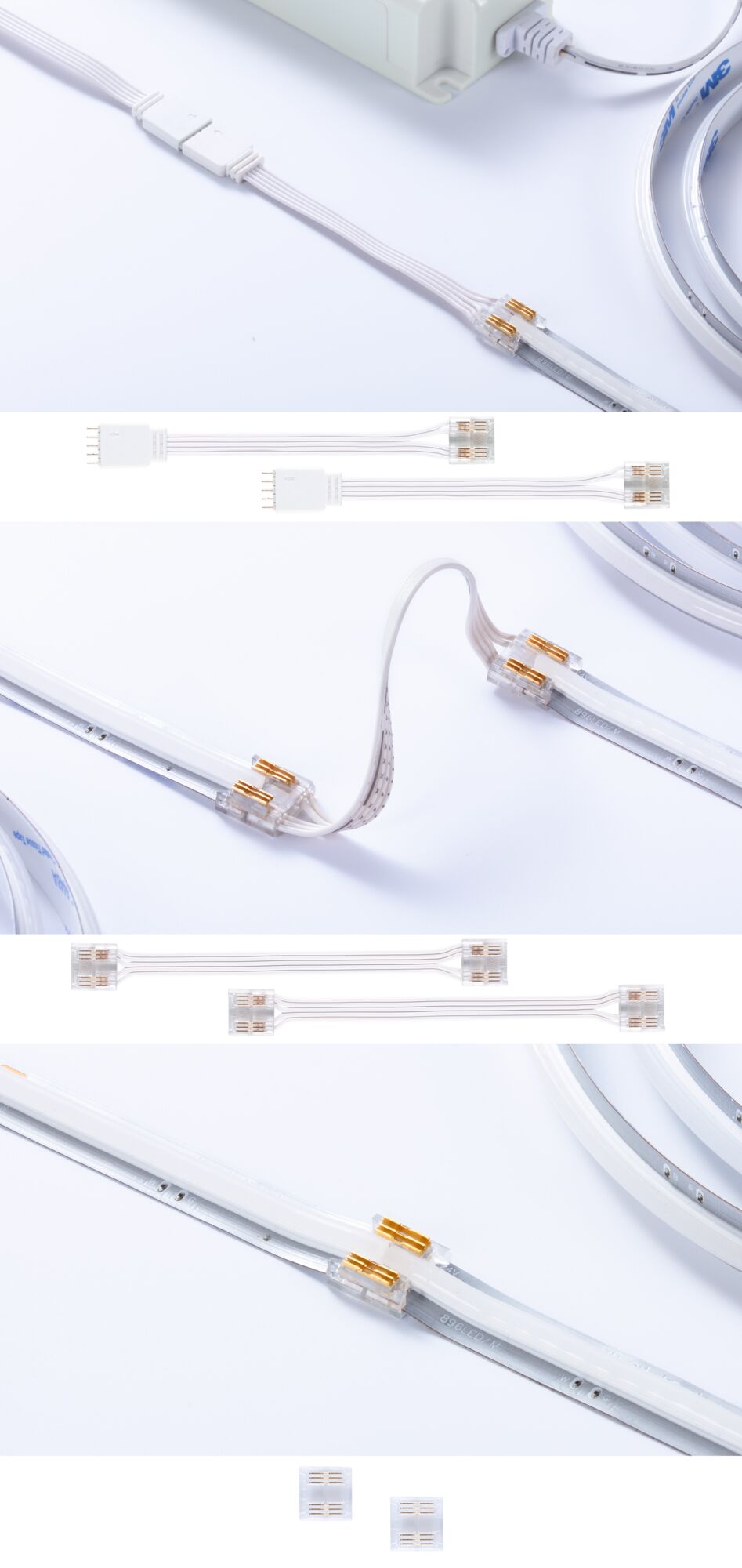 Hvide LED-forbindelseskabler med gennemsigtige stik til fleksibel installation af LED-strips indendørs