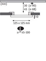 Technical drawing showing 125x125 mm dimensions and 10 mm installation depth for LED downlight