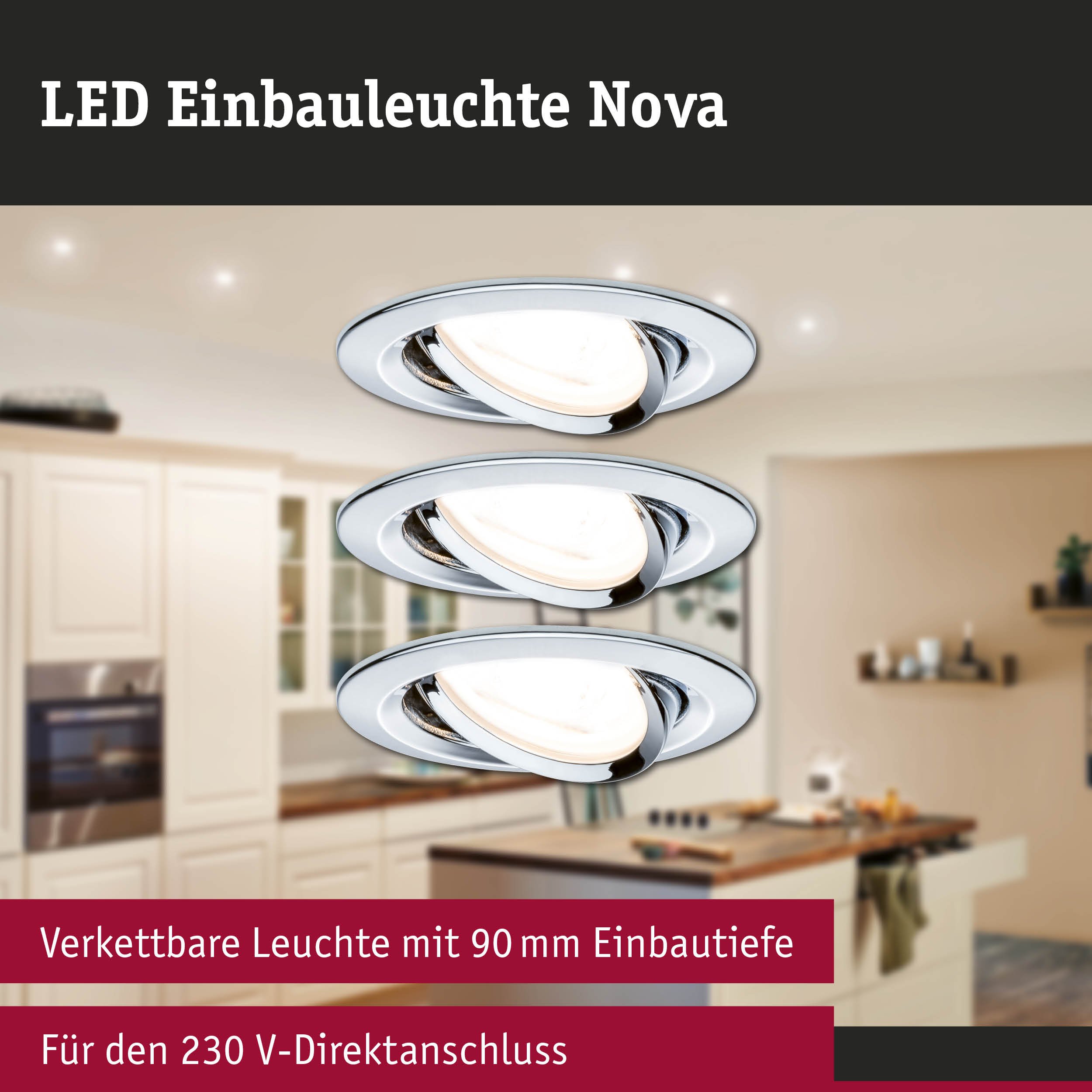 LED Einbauleuchte Nova aus Chrom mit schwenkbarem Spot für moderne Küchenbeleuchtung