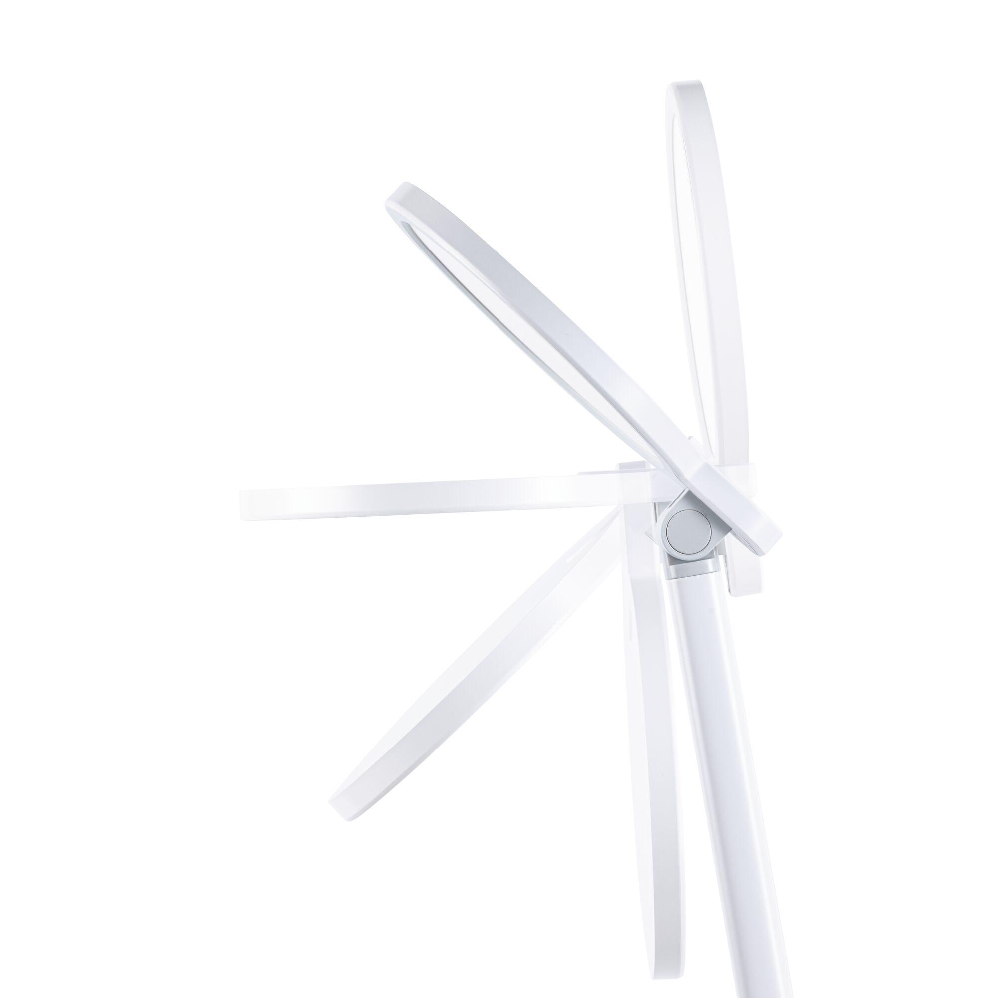 White flexible LED desk lamp with adjustable plastic arm for office lighting and workspace