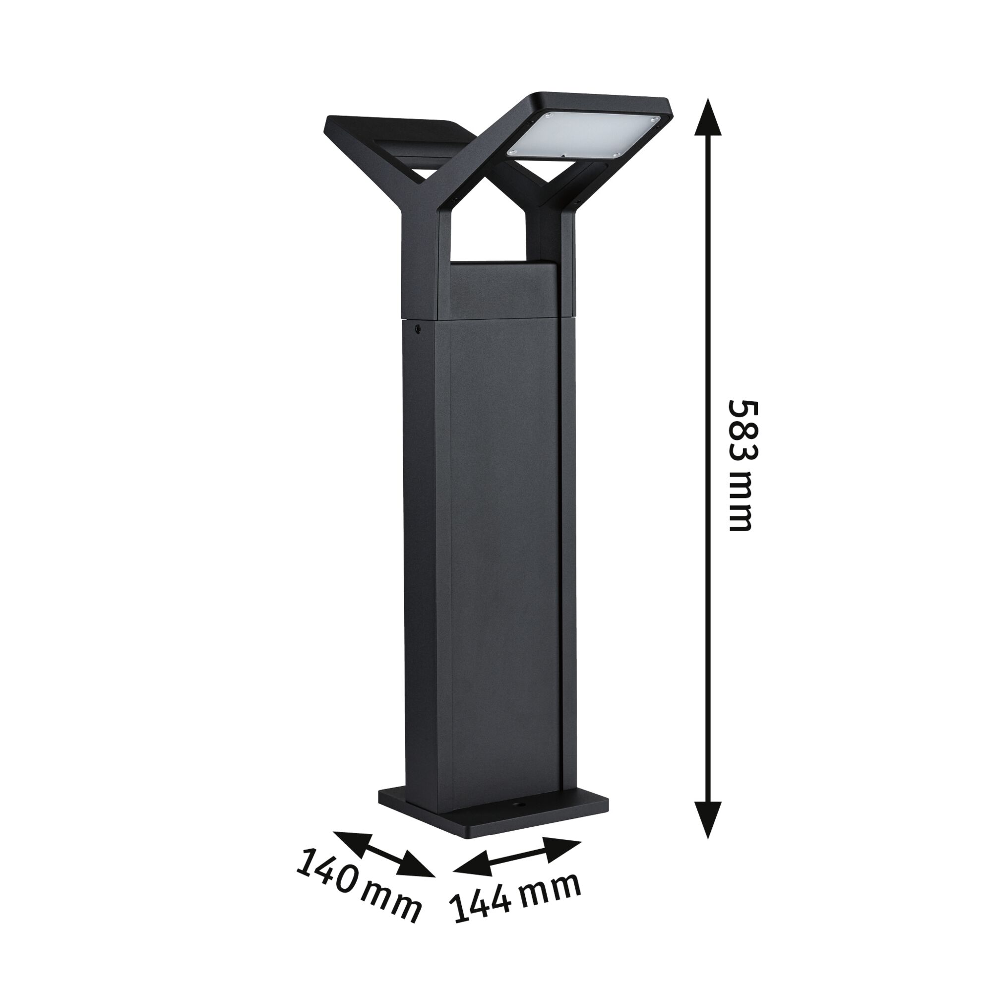 Black outdoor metal lamp with square light head measuring 583x144x140 mm for garden lighting