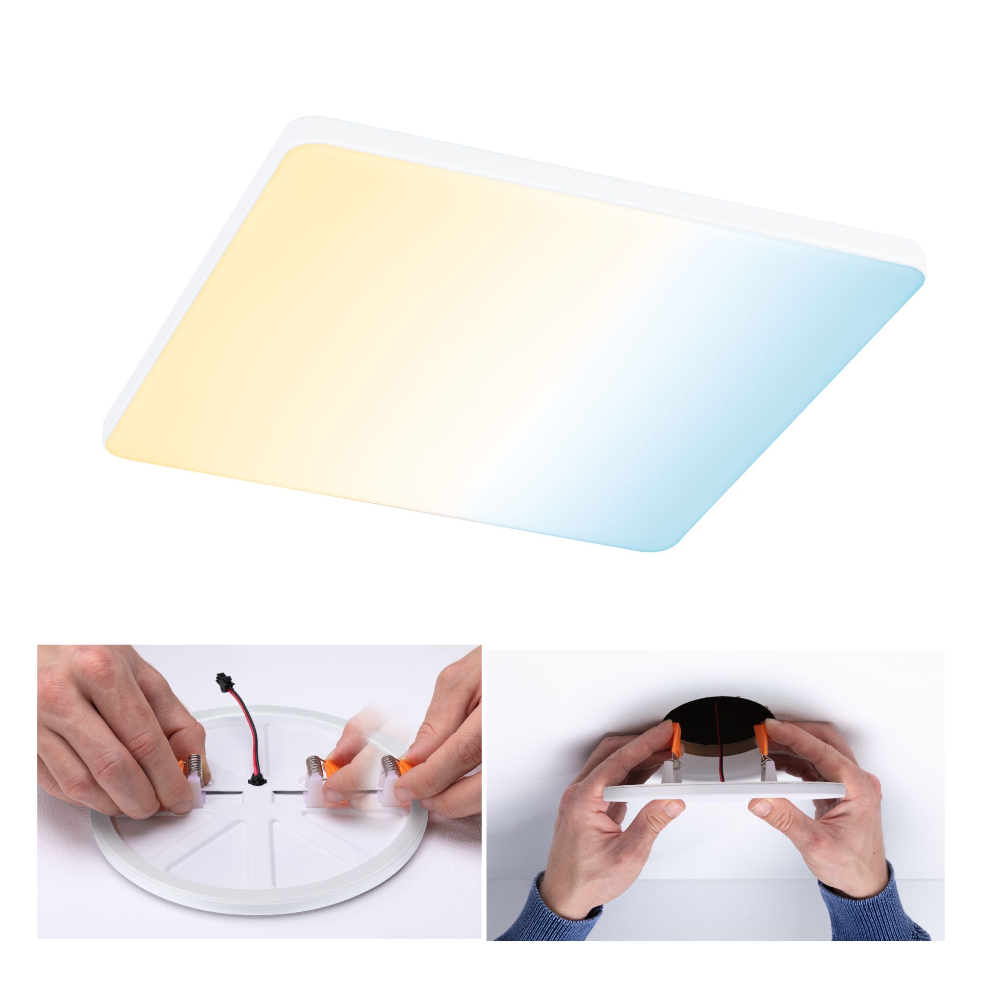 Rectangular LED ceiling light with warm and cool white light, installation steps showing spring clips.
