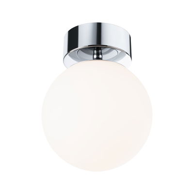 Ceiling light with white glass globe and chrome metal mount for modern home lighting