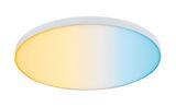 Round LED ceiling light with white frame and adjustable color temperature gradient for living spaces