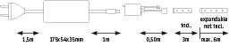 Technical drawing of a cable with connectors showing lengths from 1.5 m to 3 m