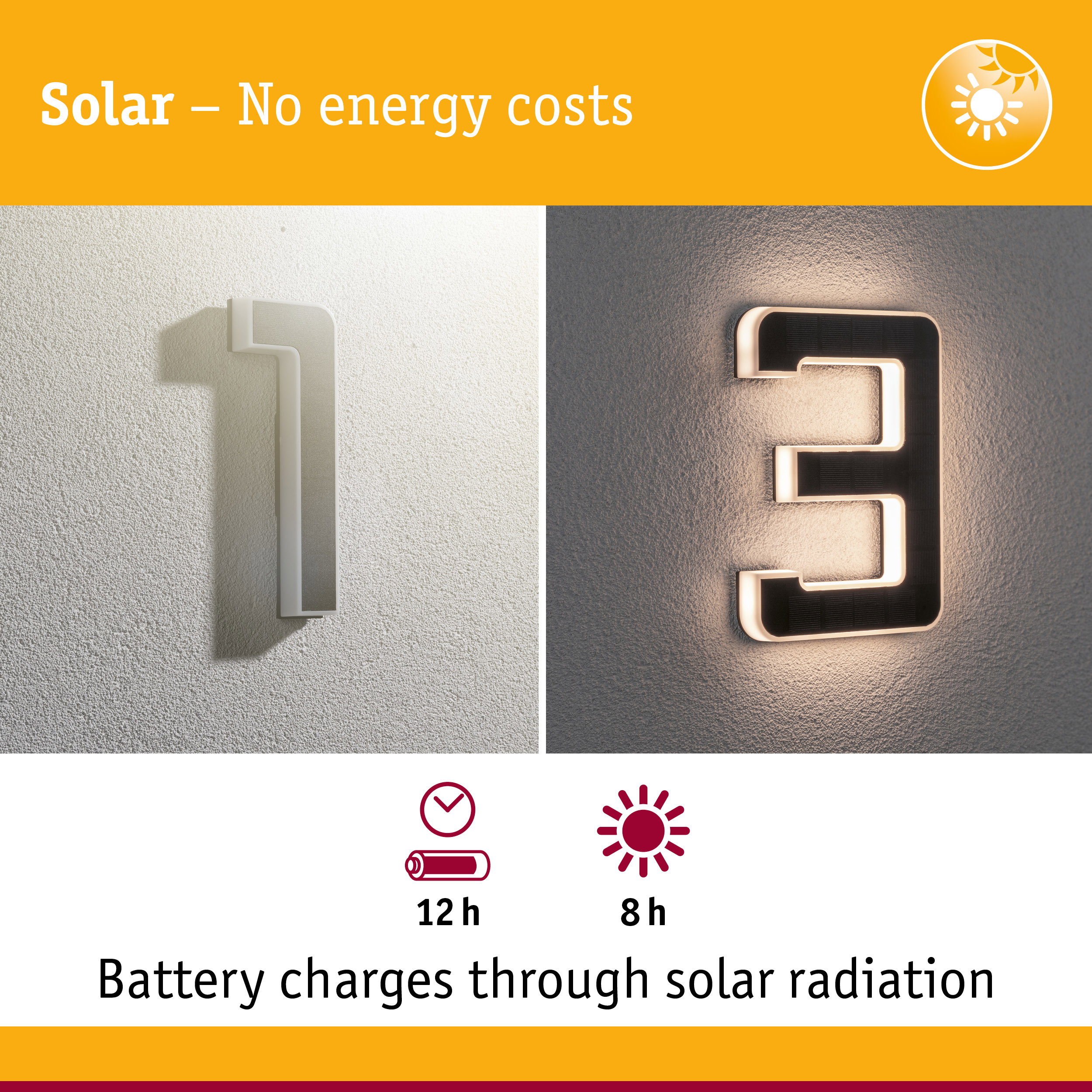 Solar-powered house number with LED light in white and black for energy-efficient outdoor lighting