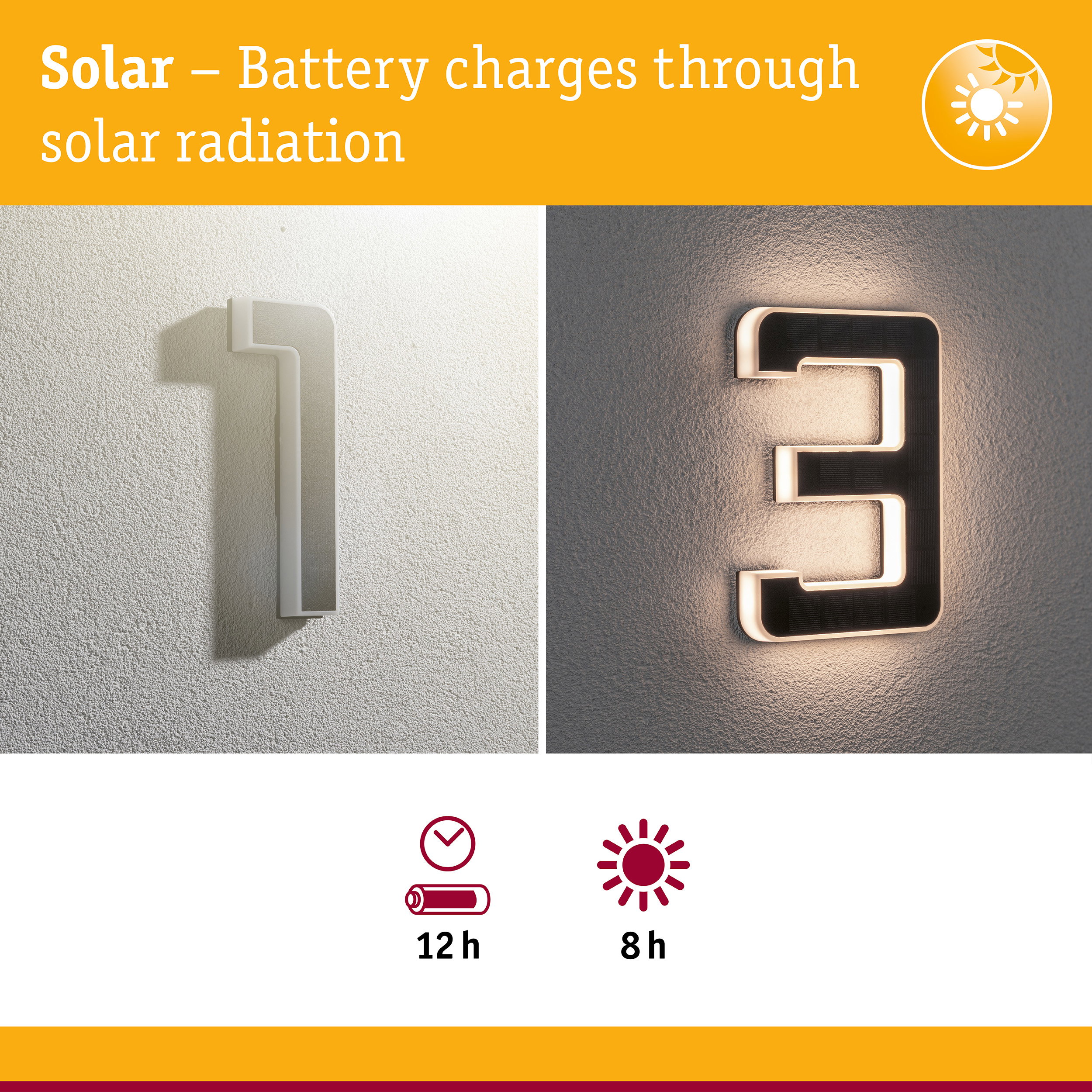 Solar-powered house number with LED light in white and black for energy-efficient outdoor lighting