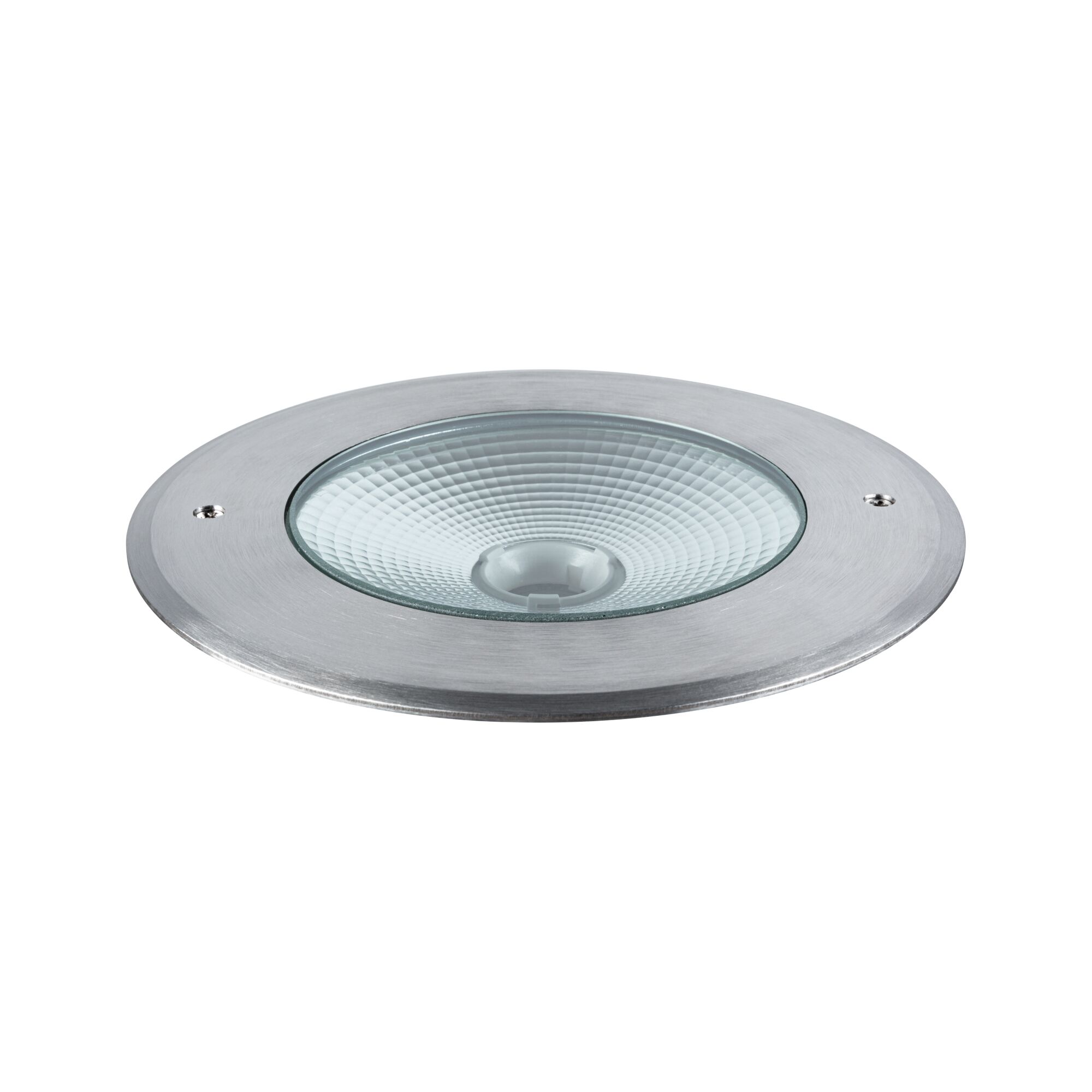 Round recessed light fixture in brushed aluminum with textured glass for LED lighting solutions