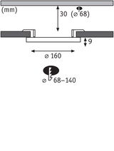 Technical drawing showing dimensions for round recessed spotlight Ø160 mm and installation depth 30 mm