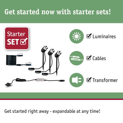 Starter set with three black LED outdoor spotlights, cables, and transformer for garden lighting