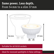 Comparison of GU10 LED spotlight with 54 mm depth and slim 37 mm model for recessed lighting