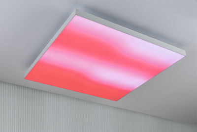 Square LED ceiling light with white frame and red gradient for modern ambient lighting