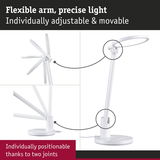 White plastic LED desk lamp with flexible arm and two joints for precise adjustable lighting in workspaces
