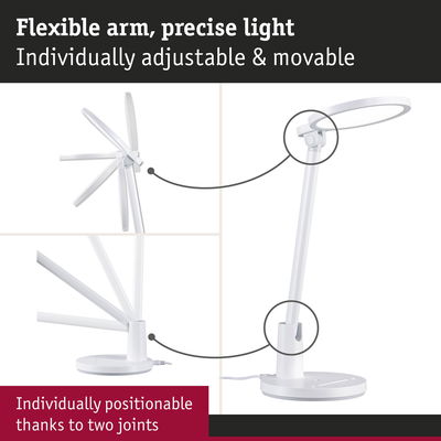 White plastic LED desk lamp with flexible arm and two joints for precise adjustable lighting in workspaces