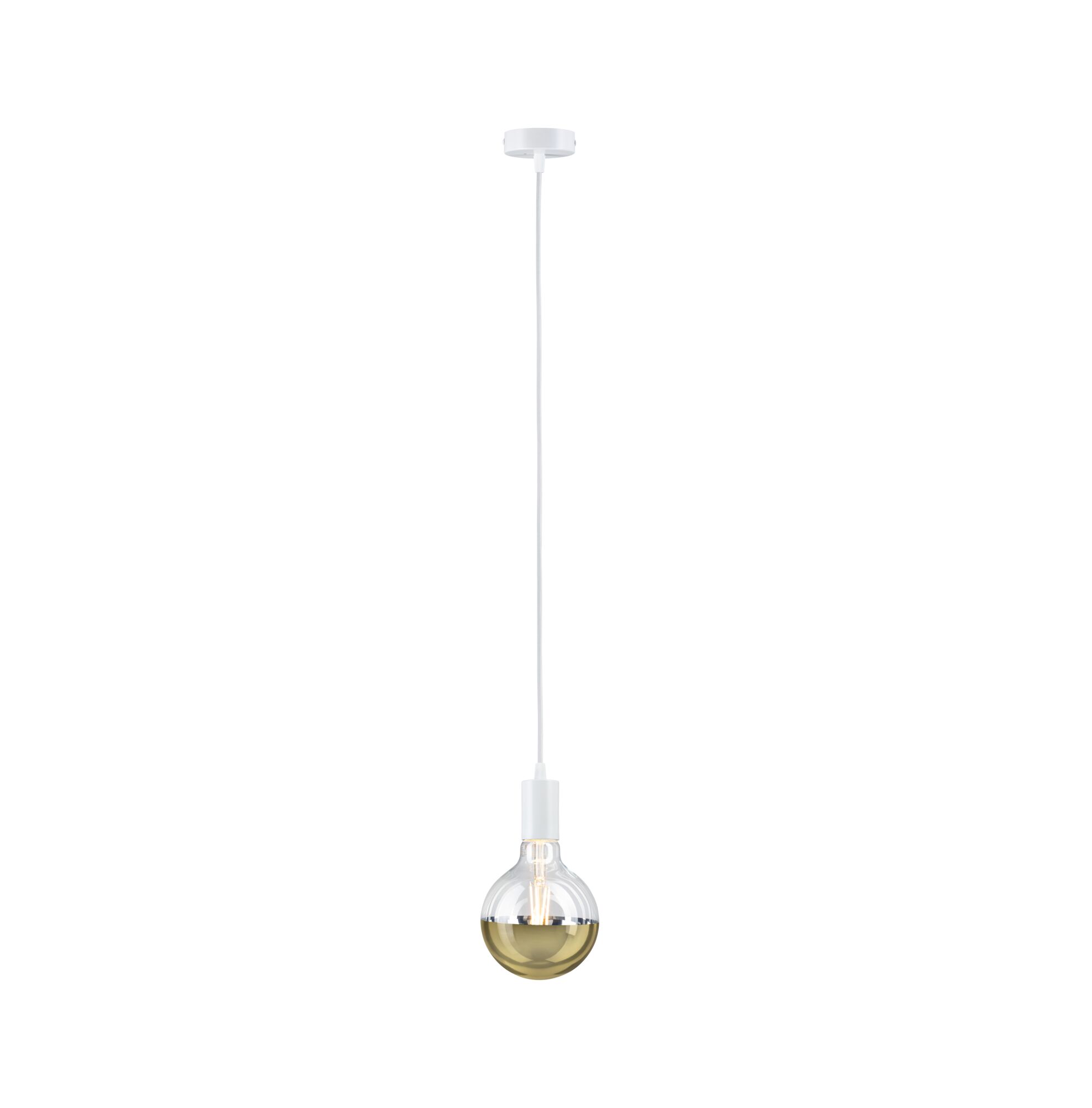 Modern pendant light with white cable and half gold glass bulb for stylish room lighting