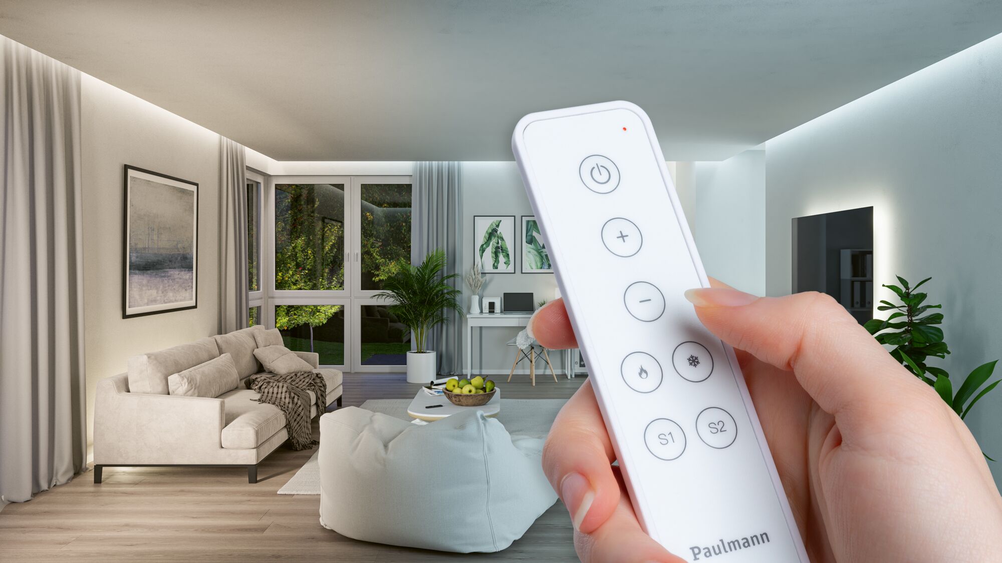Hand holding white remote control with light adjustment buttons in modern living room with ambient lighting
