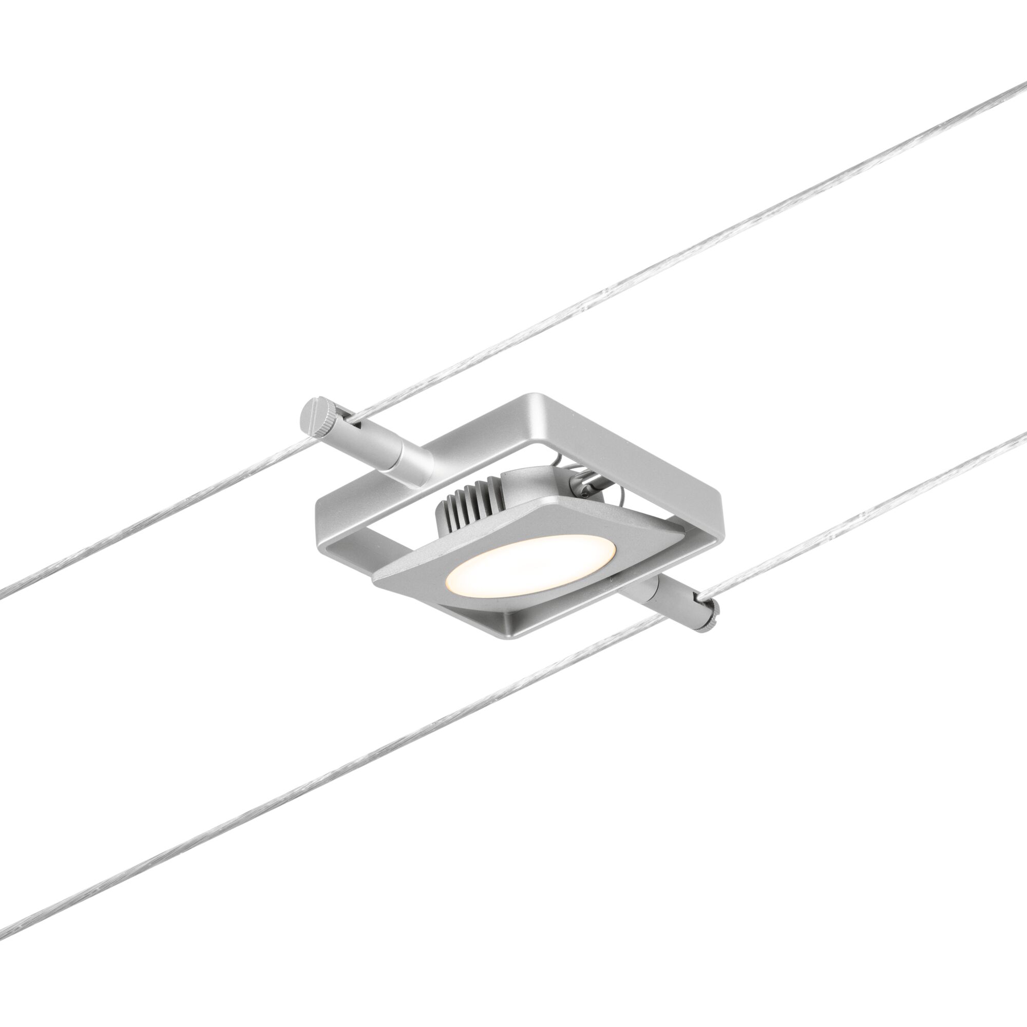 Moderner quadratischer LED-Seilstrahler in Aluminiumfarben mit warmweißem Licht für flexible Beleuchtung