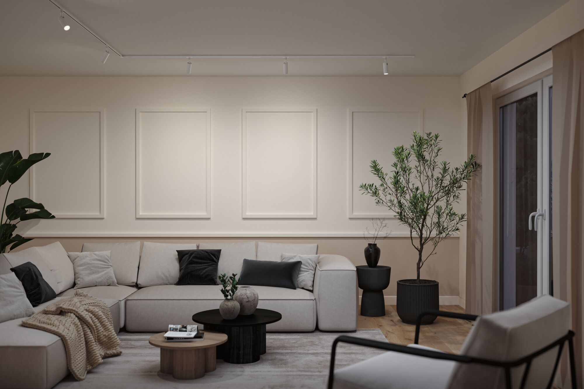 Modern living room with white corner sofa, black accents, and minimalist ceiling track lighting