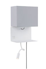 White wall lamp with grey fabric shade and flexible metal reading arm for modern lighting