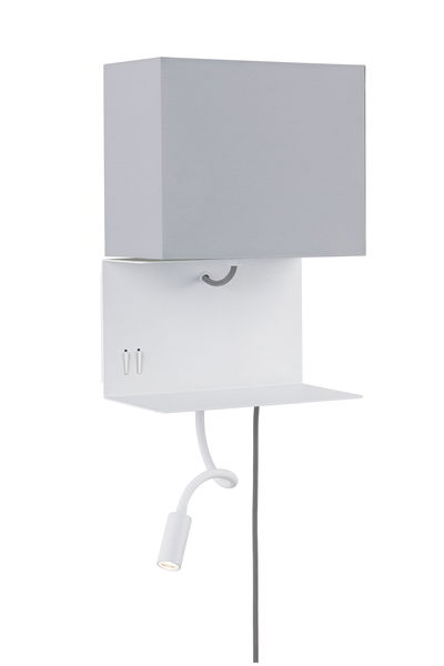 Applique murale blanche avec abat-jour en tissu gris et bras de lecture flexible en métal pour un éclairage moderne