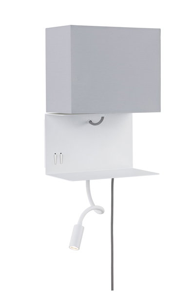 Weiße Wandlampe mit grauem Stoffschirm und flexiblem Lesearm aus Metall für modernes Lichtdesign