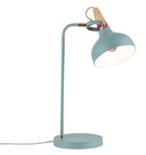 Tischlampe aus Metall in mattem Mintgrün mit Holzgriff und Kupferakzenten für stilvolle Beleuchtung