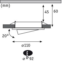Technische Zeichnung eines schwenkbaren LED-Einbaustrahler mit 110 mm Durchmesser und 20 Grad Neigung