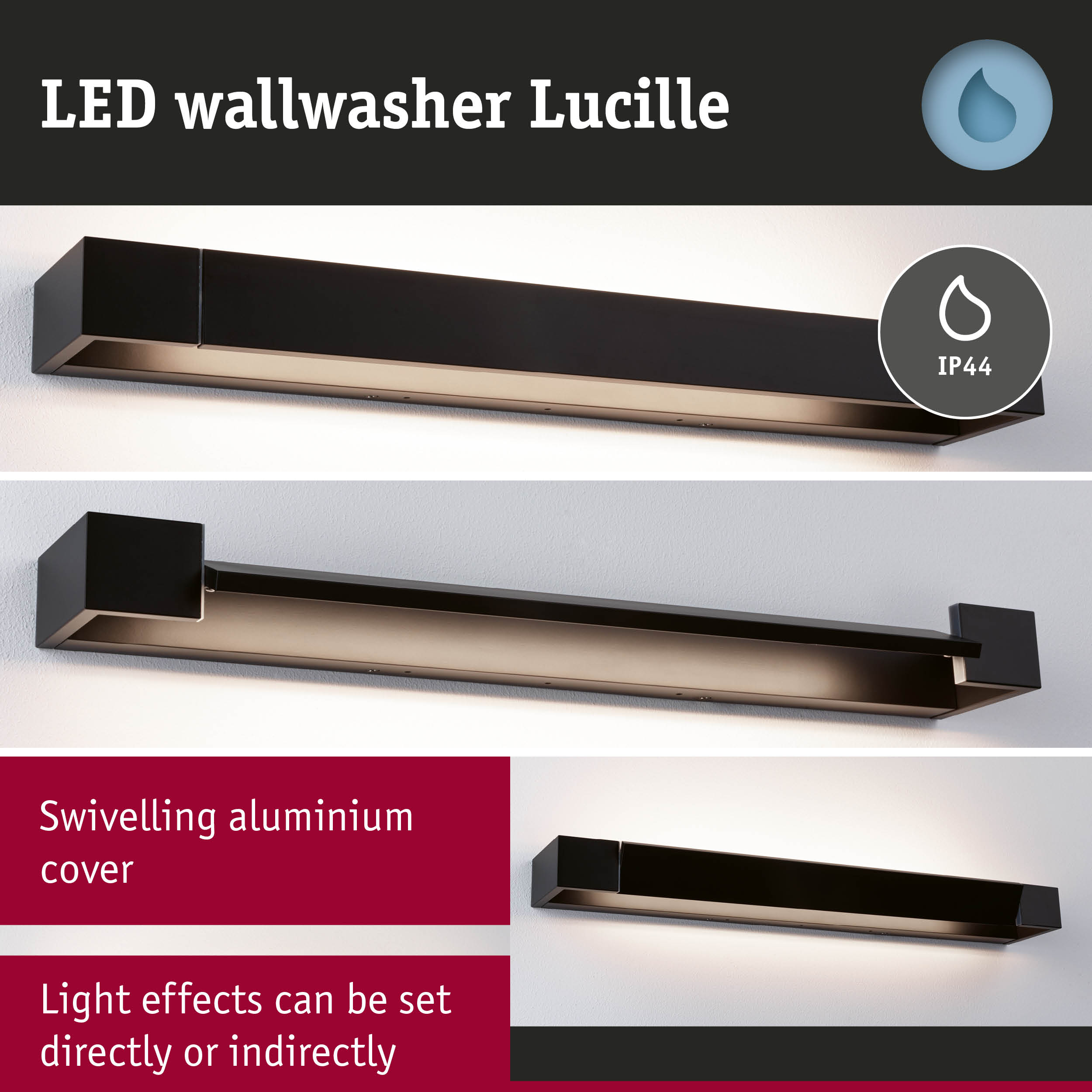 Black aluminium LED wallwasher Lucille with IP44 rating for direct or indirect lighting effects
