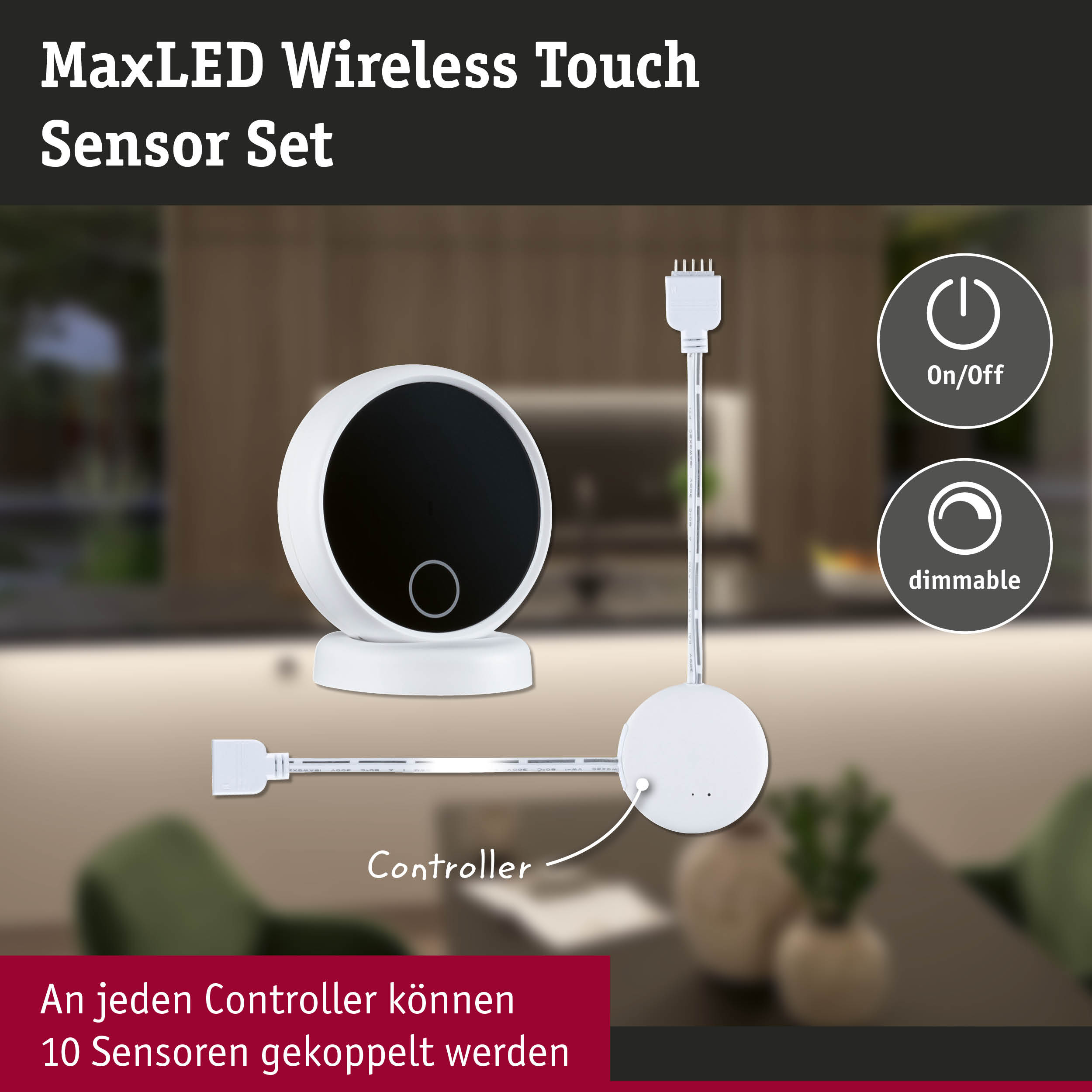 MaxLED Wireless Touch Sensor Set mit weißem Controller und Sensor für dimmbare LED-Beleuchtung