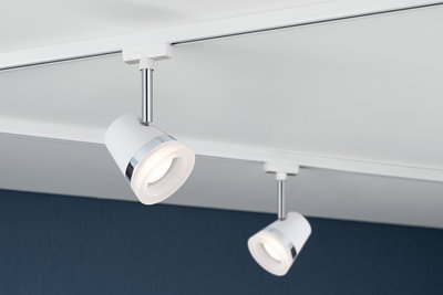 Two white LED track spotlights with chrome ring mounted on white ceiling for modern lighting