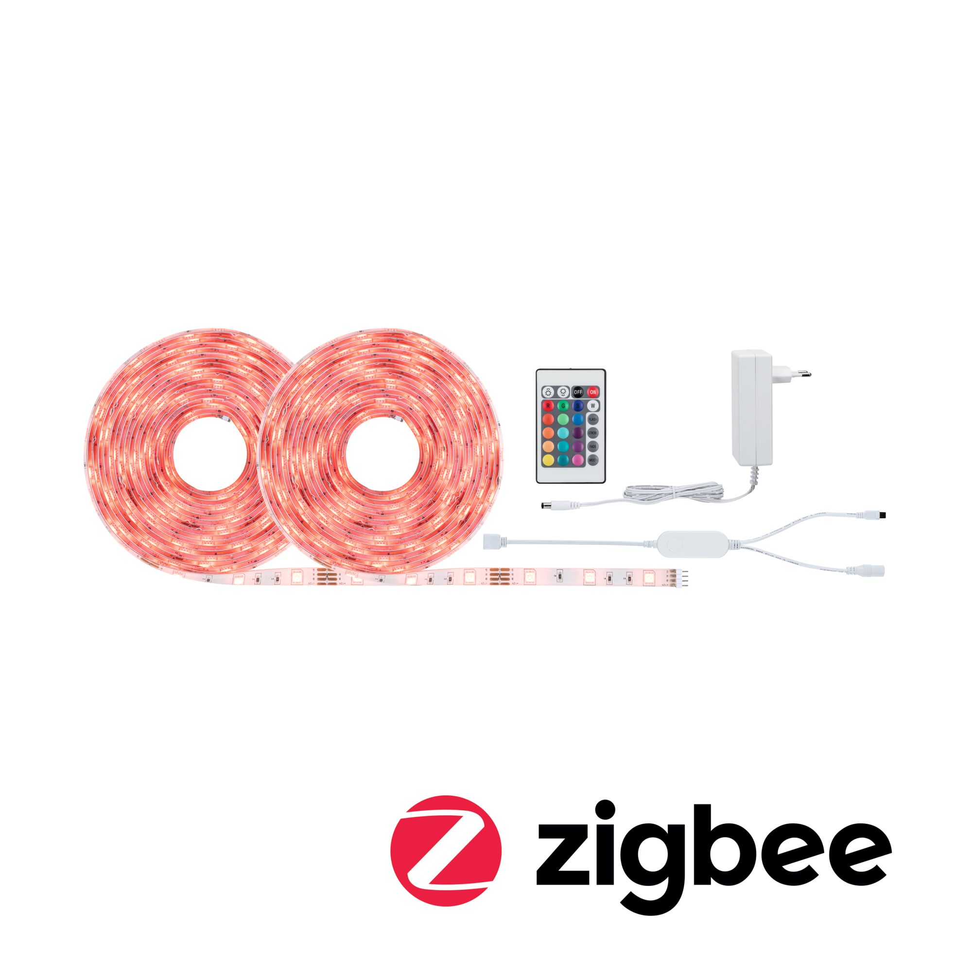 Two red LED light strips with remote and power adapter for Zigbee smart home lighting setup