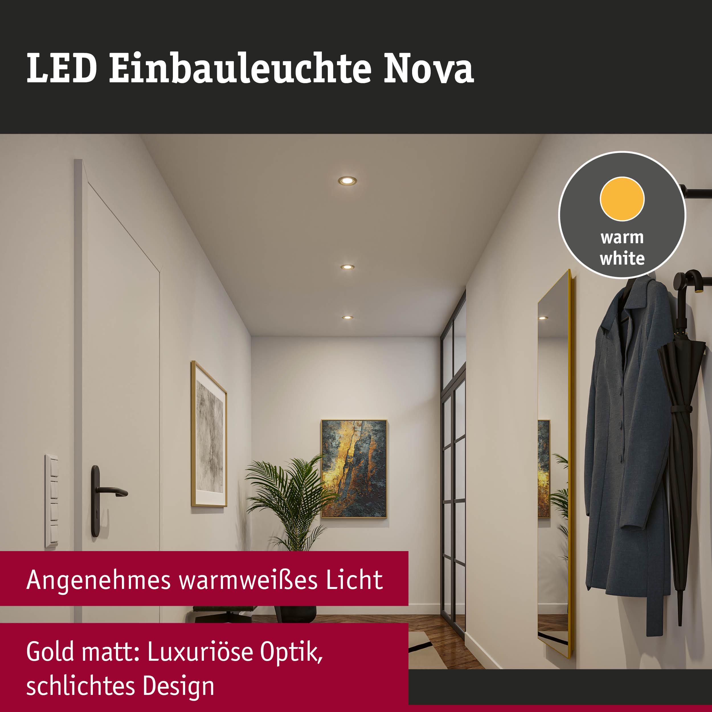 LED Einbauleuchte Nova in matt Gold mit warmweißem Licht für luxuriöse Raumbeleuchtung im Flur