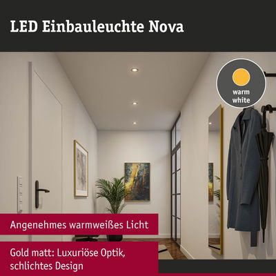 LED Einbauleuchte Nova in matt Gold mit warmweißem Licht für luxuriöse Raumbeleuchtung im Flur