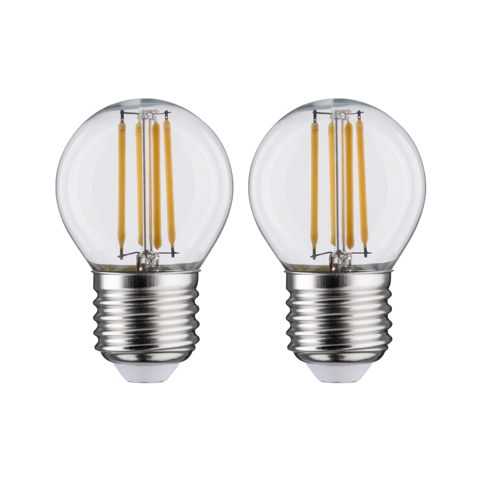 Zwei klare LED-Glühbirnen mit sichtbaren gelben Filamenten und silbernem Sockel für energiesparende Beleuchtung